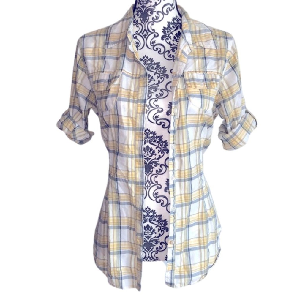 White, Yellow, Grey & Gold Plaid Button Down Shirt